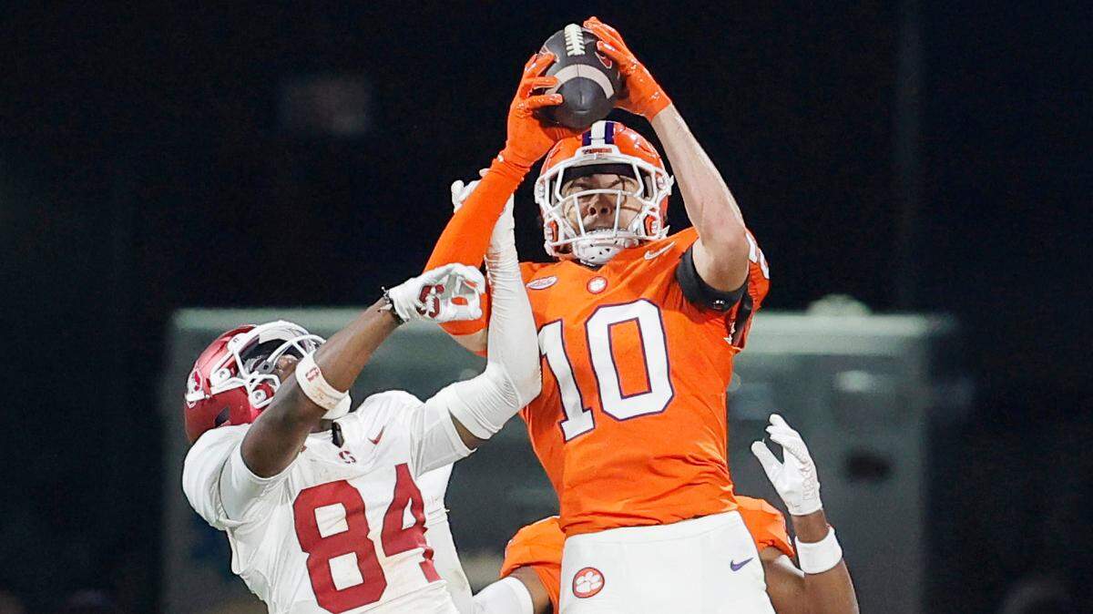 Clemson cornerback Jeadyn Lukus (10) intercepts a pass intended for Stanford wide receiver Ismael Cisse (84) during first-half action in Clemson, S.C. on Saturday, Sept. 28, 2024.