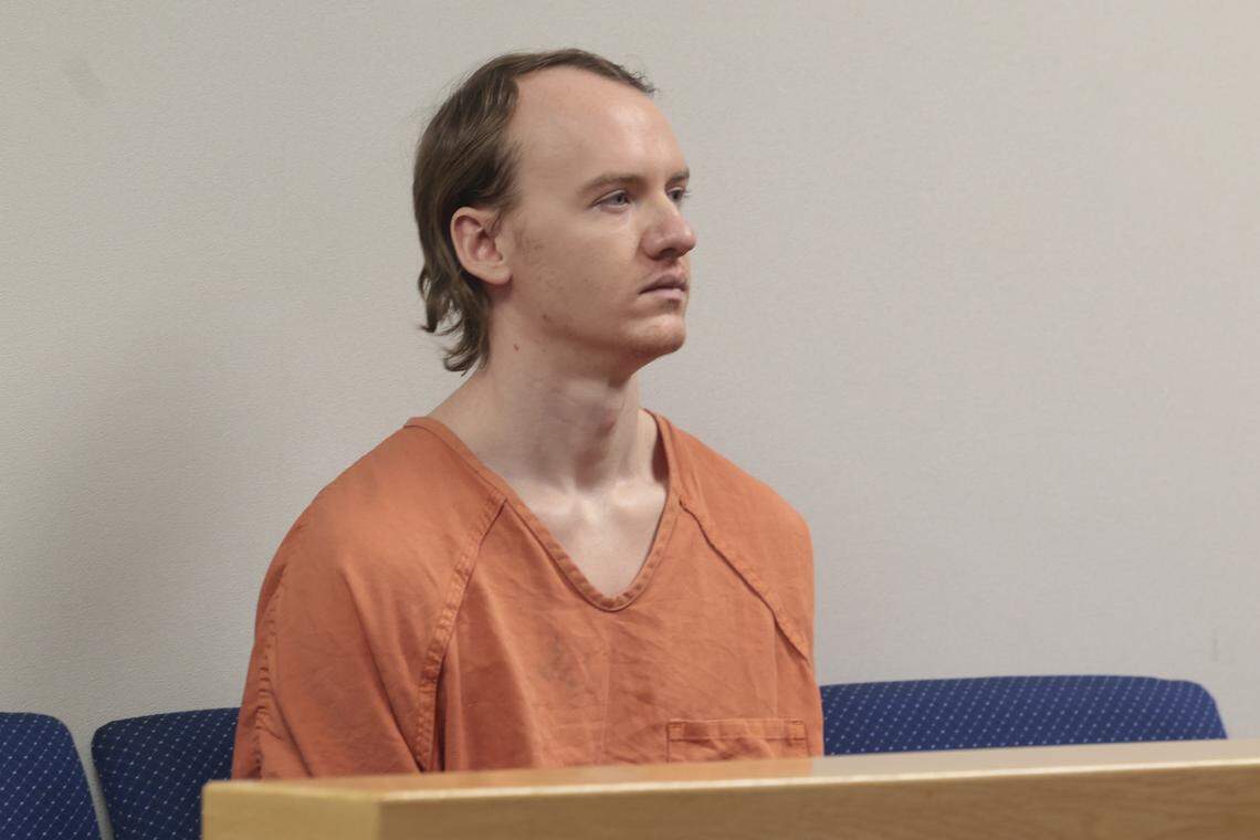 Cameron Thomas Hinckley sits in Irmo Magistrate Court on Friday, Feb. 13, 2026, during a hearing for a restraining order. Hinckley is charged with attempted murder and first-degree burglary for allegedly attacking Bruce Loveless in 2023. 
