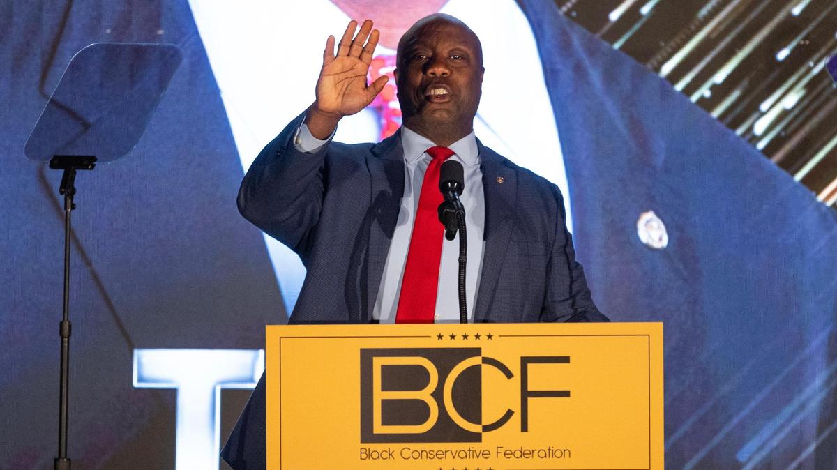 Senator Time Scott speaks at the Black Conservative Federation gala at the Columbia Convention Center on Friday, February 23, 2024.