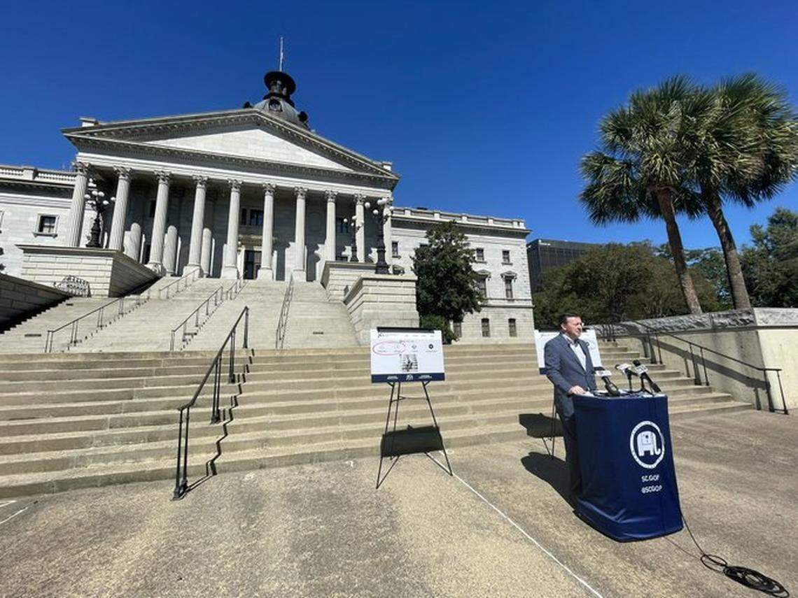 S.C. Republican Party Chairman Drew McKissick holds a press conference in Columbia, S.C., on Thursday, Oct. 6, 2022, to criticize Joe Cunningham, the Democratic nominee for governor.