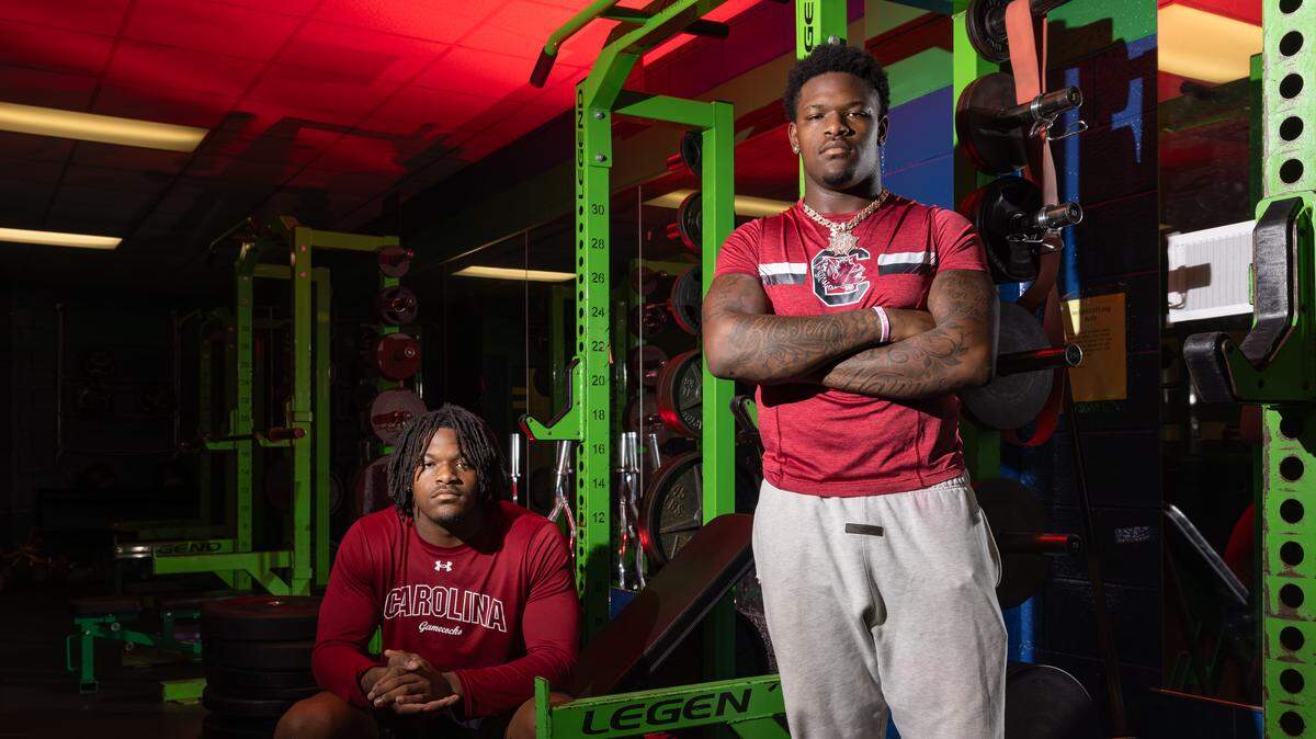 Andrew (left) and Aiden Harris are seen in the weight room at Weddington High School in Matthews, NC, on Thursday, November 20, 2025.


