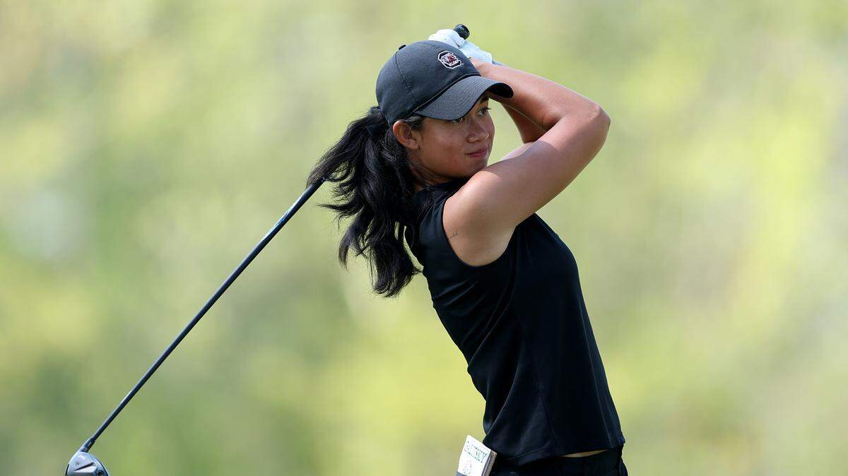 Eila Galitsky of Thailand plays her shot on the third tee during the second round of the Augusta National Women's Amateur at Champions Retreat Golf Course on April 02, 2026