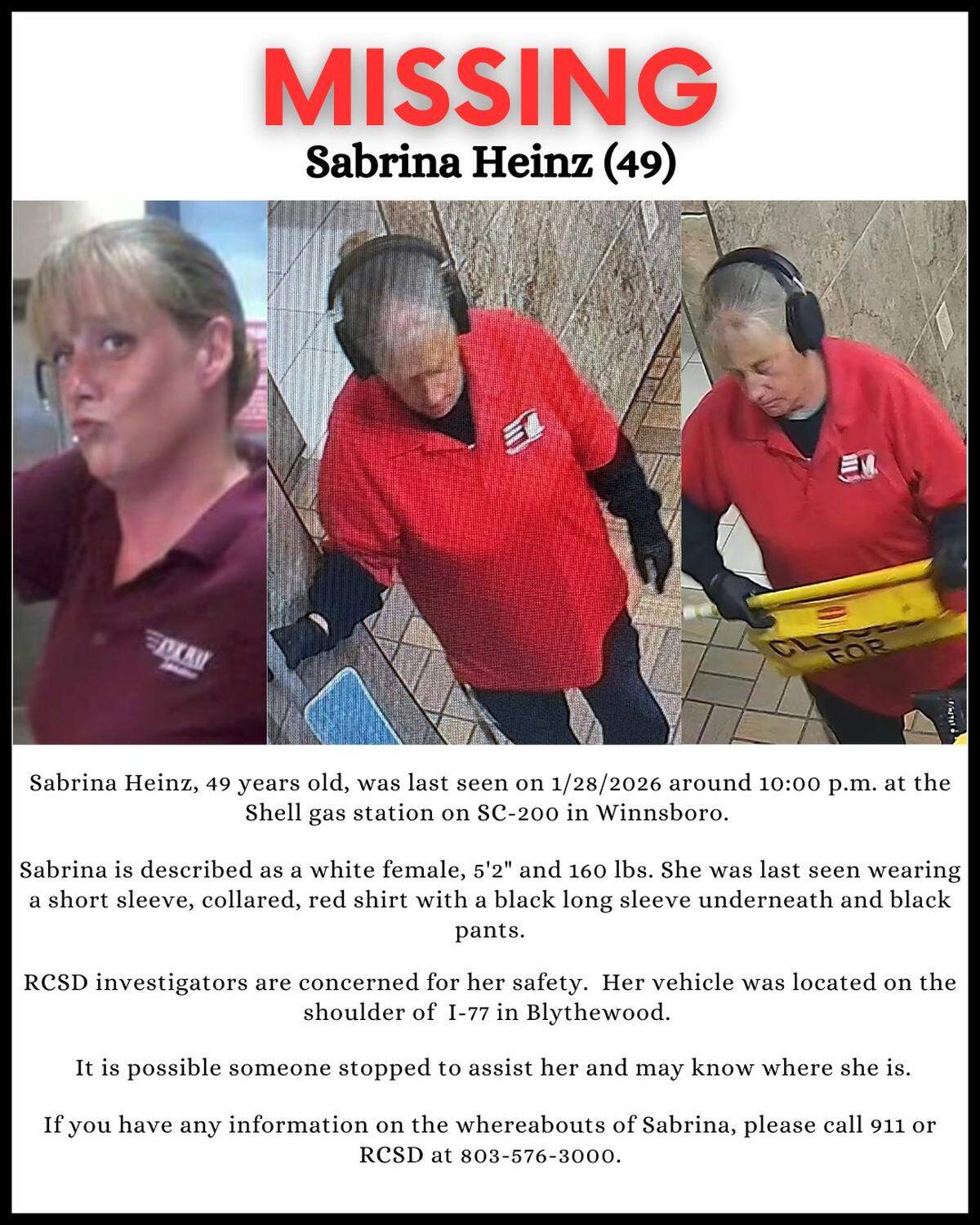 Sabrina Heinz was reported missing by the Richland County Sheriff’s Department.