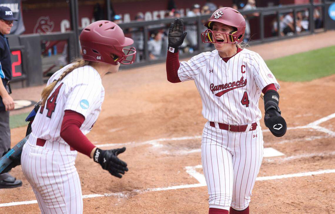 South Carolina infielder Brooke Blankenship (4) celebrates after scoring during the Gamecocks’ game against North Florida at Beckham Field in Columbia on Sunday, May 18, 2025.