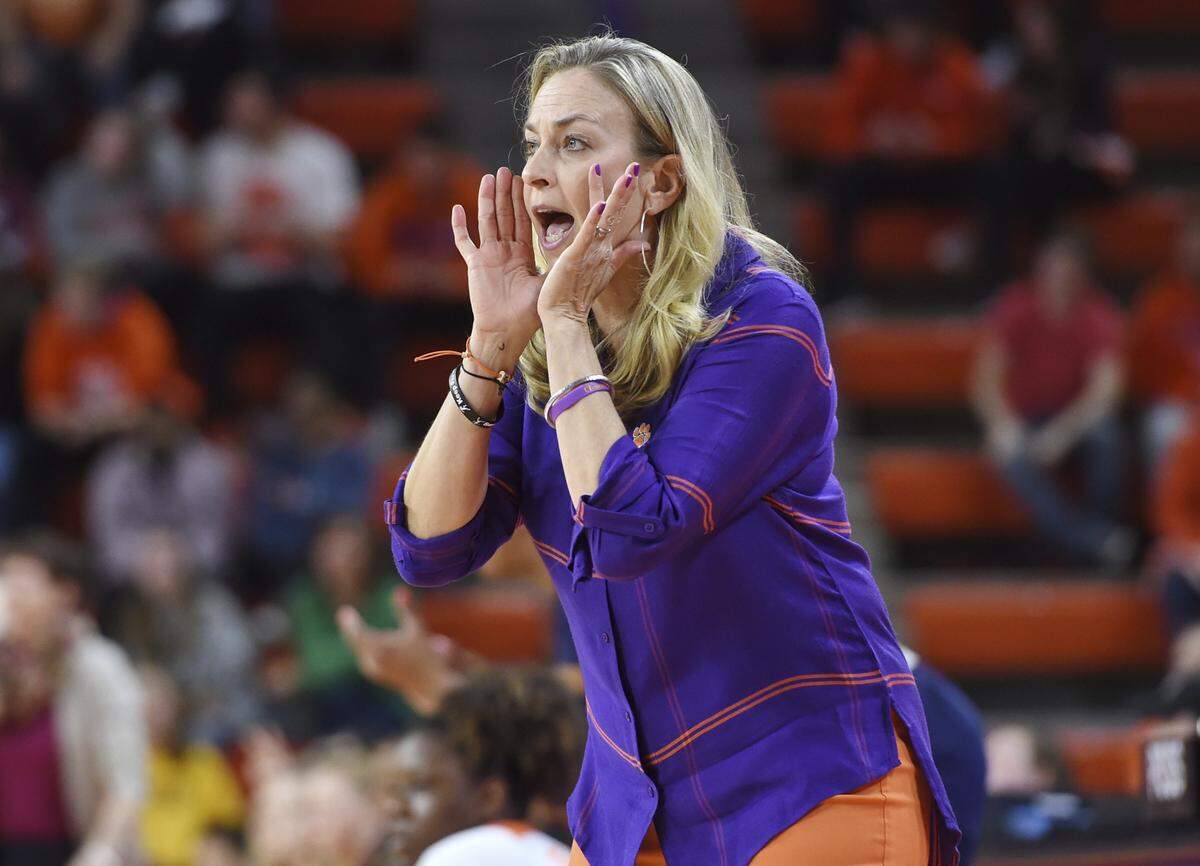 Clemson head coach Amanda Butler reacts during the first half of an NCAA college basketball game against Notre Dame Thursday, Jan. 31, 2019, in Clemson, S.C. Notre Dame won 101-63. (AP Photo/Richard Shiro)
