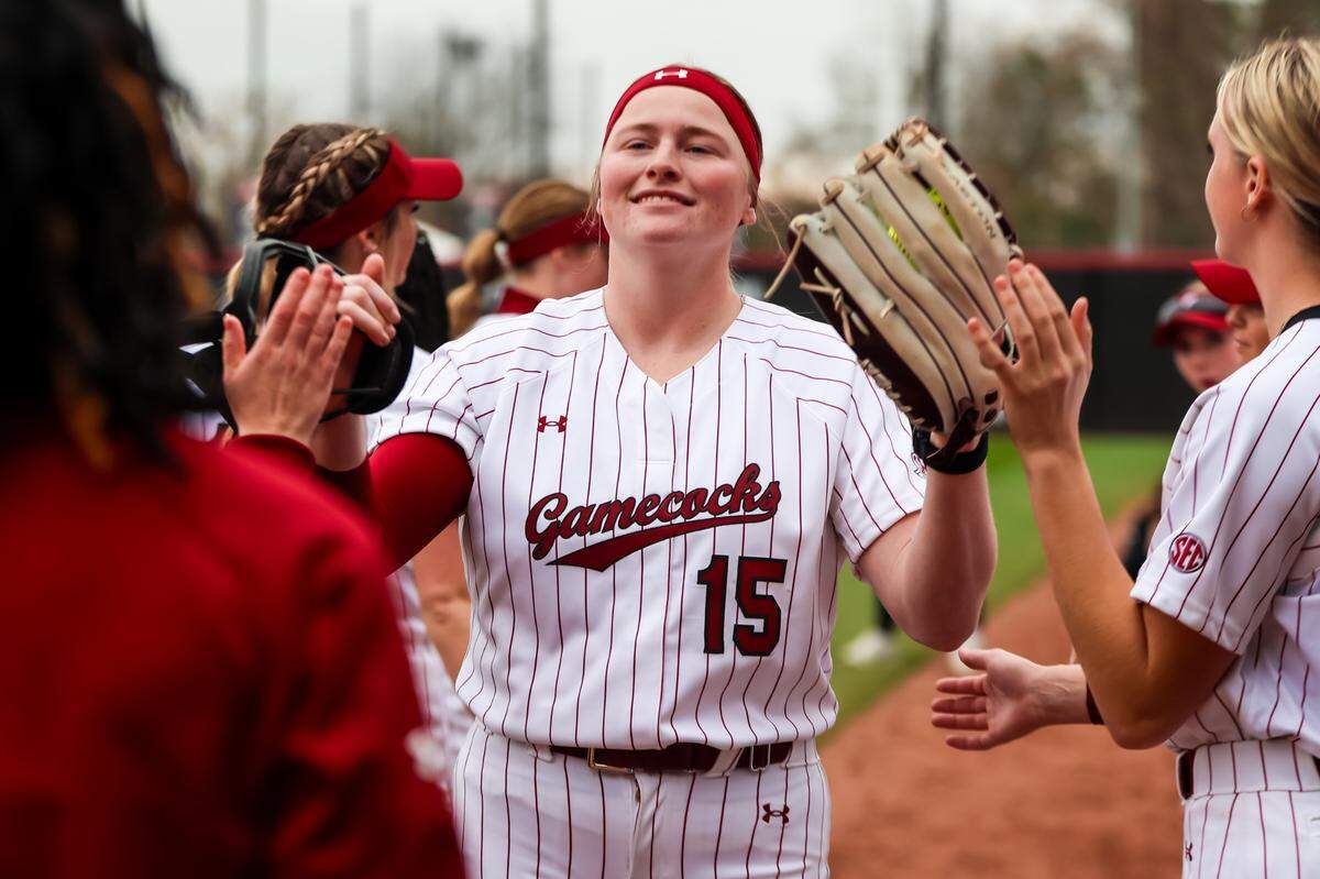 South Carolina Gamecocks Alana Vawter (15) is introduced before their game against UNCG in the Carolina Classic at Carolina Softball Stadium Friday, Feb. 9, 2024.