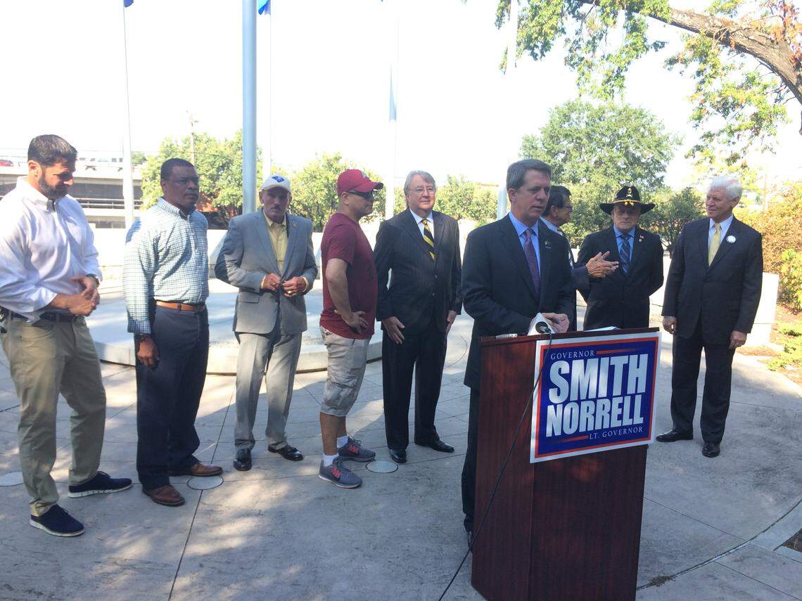 State Rep. James Smith, Democratic nominee for South Carolina governor, announces Monday, Sept. 10, 2018, a proposal to create a cabinet-level secretary of veterans affairs position to coordinate and elevate veterans issues, including suicide prevention.