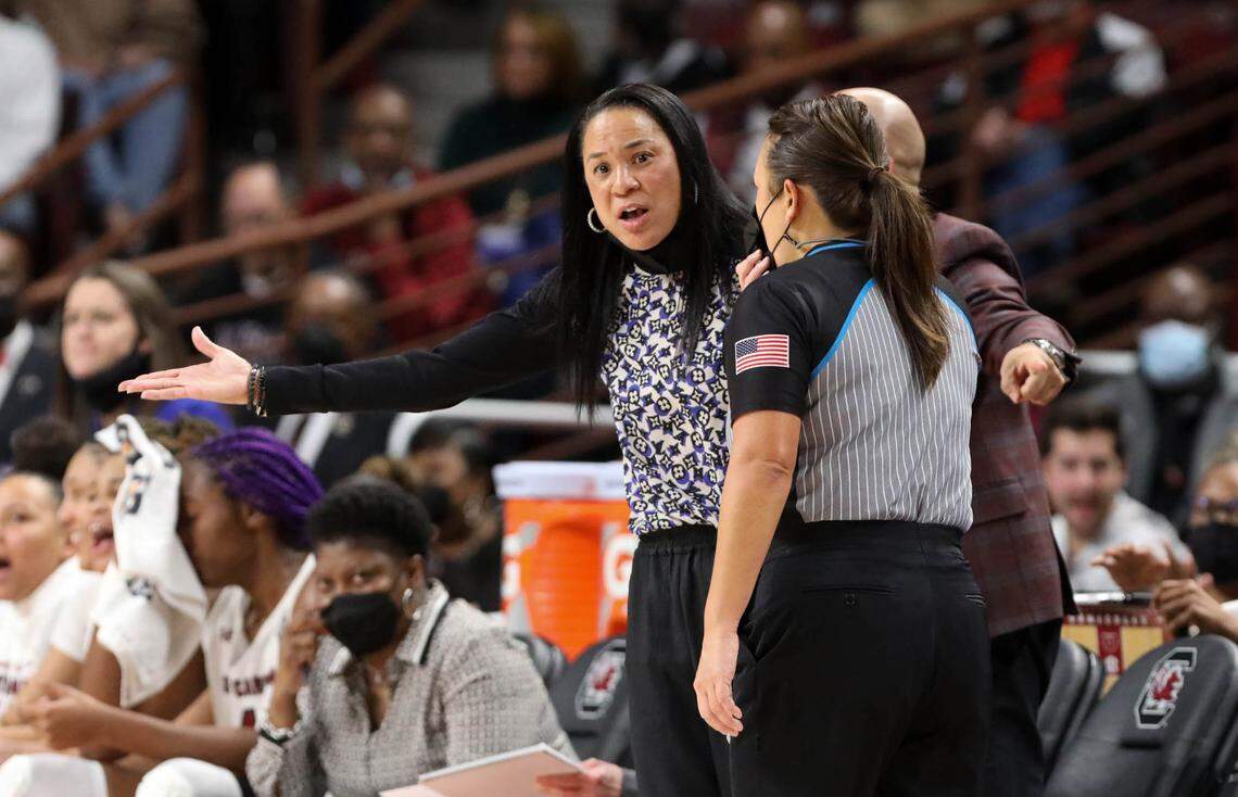 University of South Carolina Head Coach Dawn Staley and University of South Carolina Assistant Coach Fred Chmiel discuss a play during the first half of action against Maryland on Sunday, Dec. 12, 2021 in the Colonial Life Arena.