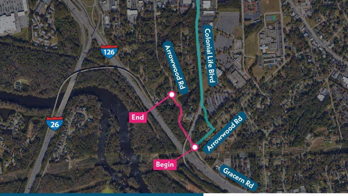 A map showing the road closure and detour near Interstate 126 in Columbia.