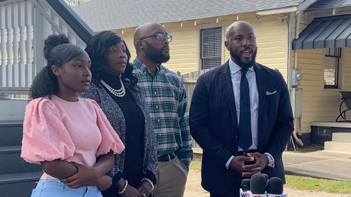 Marissa Barnwell, a River Bluff High School student, her parents and their lawyer Tyler Bailey hold a press conference on March 9, 2023 regarding a lawsuit filed against Lexington School District 1.