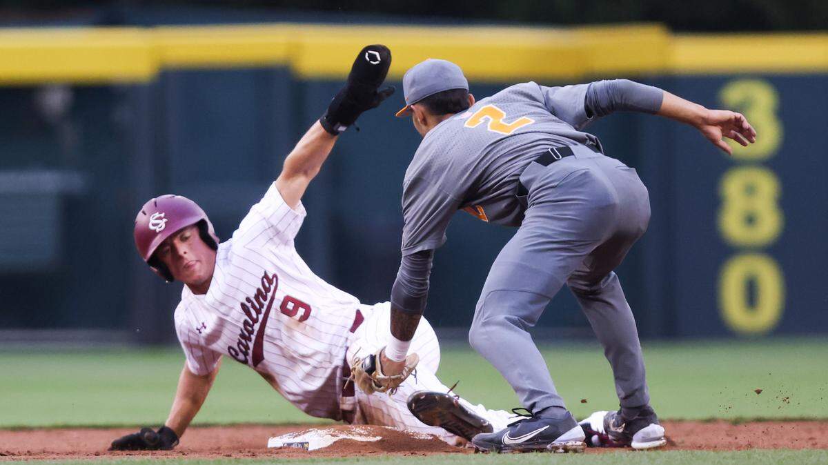 Evan Stone (9) of South Carolina is tagged out stealing second by Maui Ahuna (2) of Tennessee during the Gamecocks’ game against visiting Tennessee at Founders Park in Columbia on Friday, May 19, 2023.