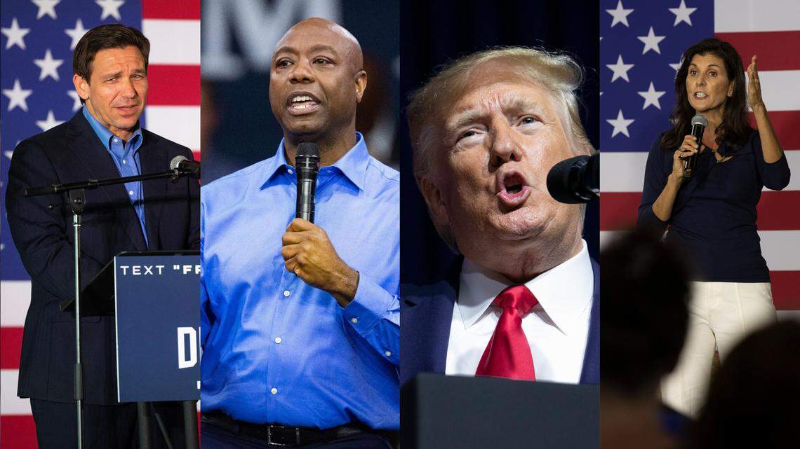 Florida Gov. Ron DeSantis, S.C. U.S. Sen. Tim Scott, former President Donald Trump and former S.C. Gov. Nikki Haley