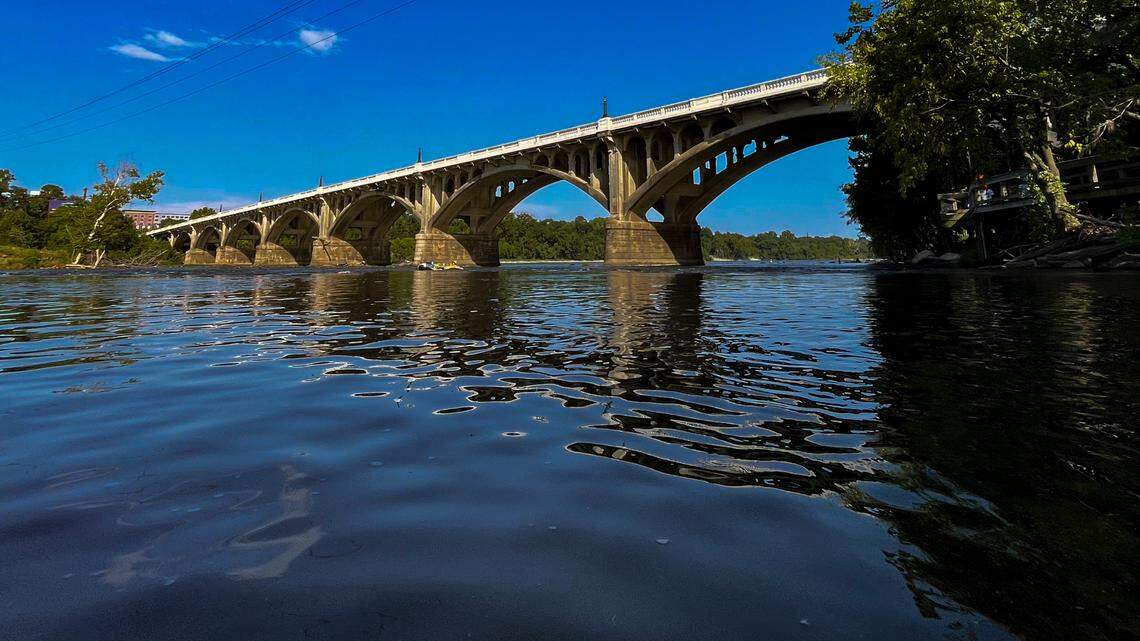 The Gervais Street bridge from the water. The Broad and Saluda Rivers merge near the bridge to form the Congaree River.