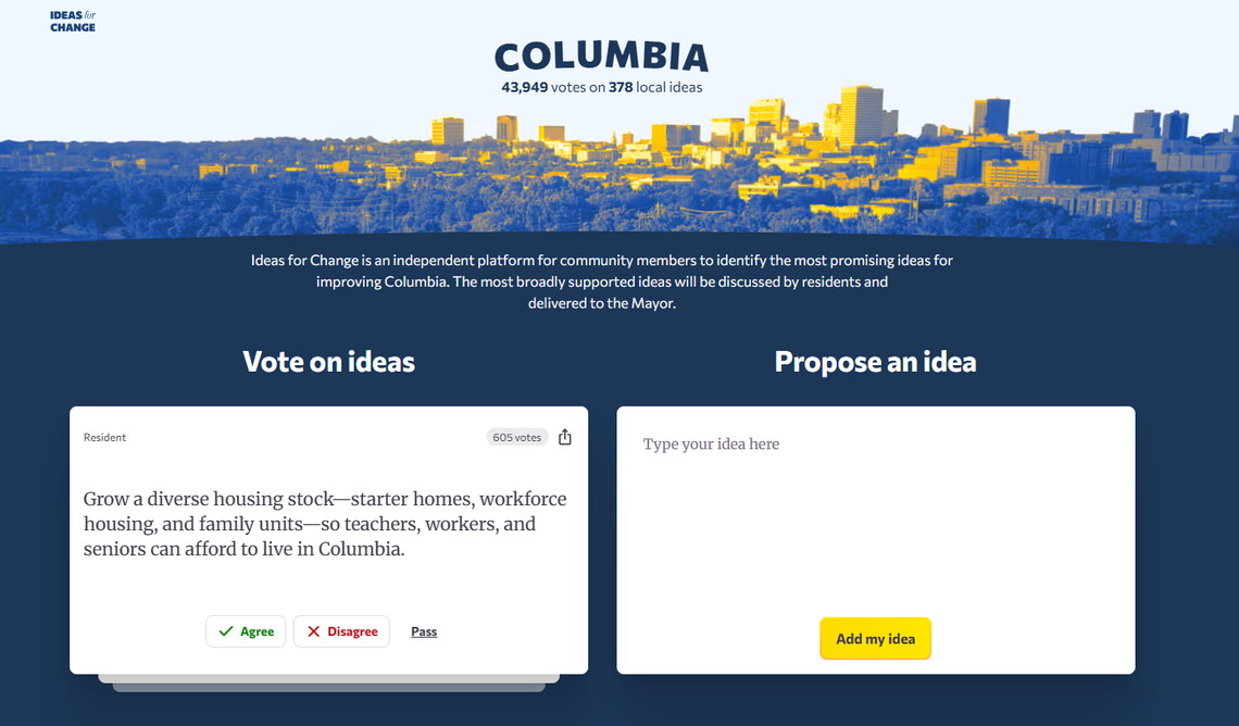 The people behind the popular online petition website Change.org are piloting a public ideas campaign in Columbia to find out if community ideas can foster tangible change. Columbia is one of two cities currently participating.