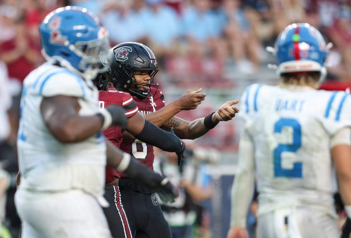 South Carolina edge Dylan Stewart (6) makes a machine gun gesture during the second half of the Gamecocks’ game against Mississippi at Williams-Brice Stadium in Columbia on Saturday, October 5, 2024.