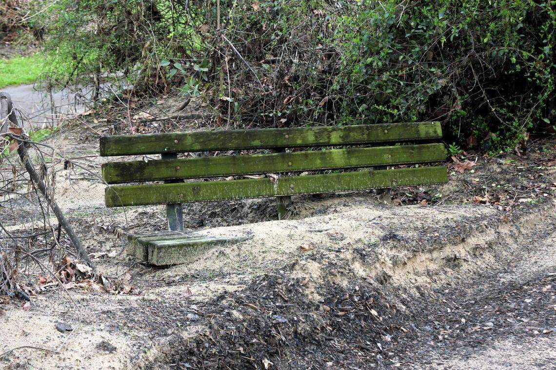 A bench along the Cayce Riverwalk sat partially buried March 7.