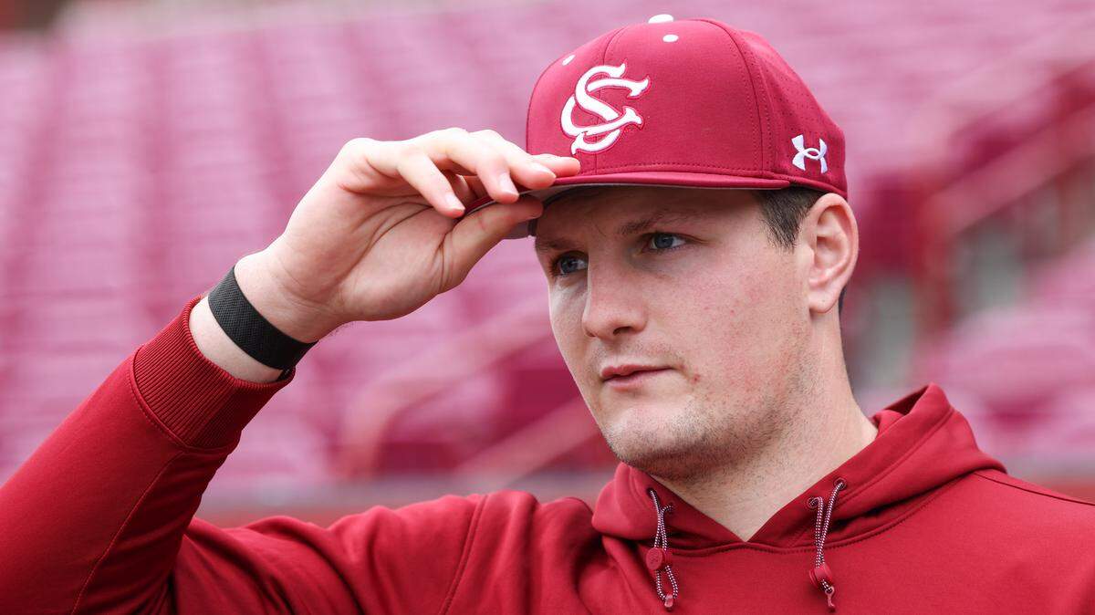 Hudson Lee (28) of South Carolina answers questions during Media Day at Founders Park in Columbia on Thursday, January 22, 2026.