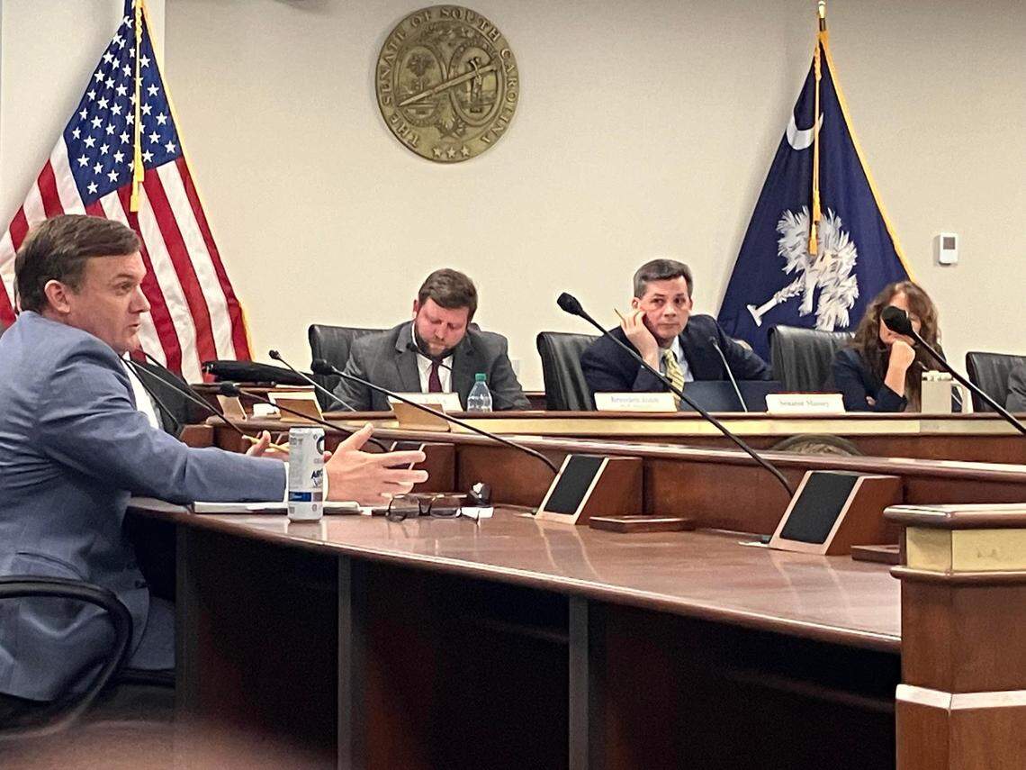 State Sen. Russell Ott, D-Calhoun, discusses ways to provide more power in South Carolina during an energy future subcommittee meeting Jan. 29, 2025 at the state capitol. Sen. Shane Massey, an Edgefield Republican who chairs the committee, is seated third from the left.