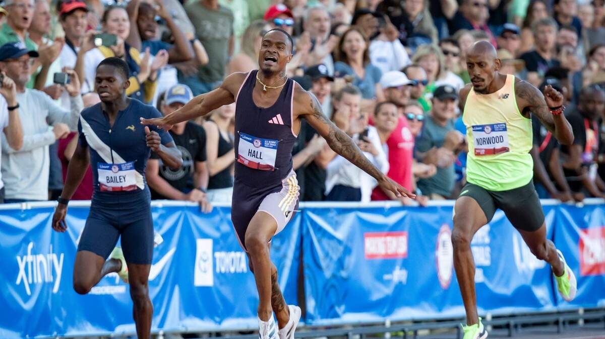 Quincy Hall wins the men’s 400 meters during day four of the U.S. Olympic Track & Field Trials Monday, June 24, 2024, at Hayward Field in Eugene, Ore.