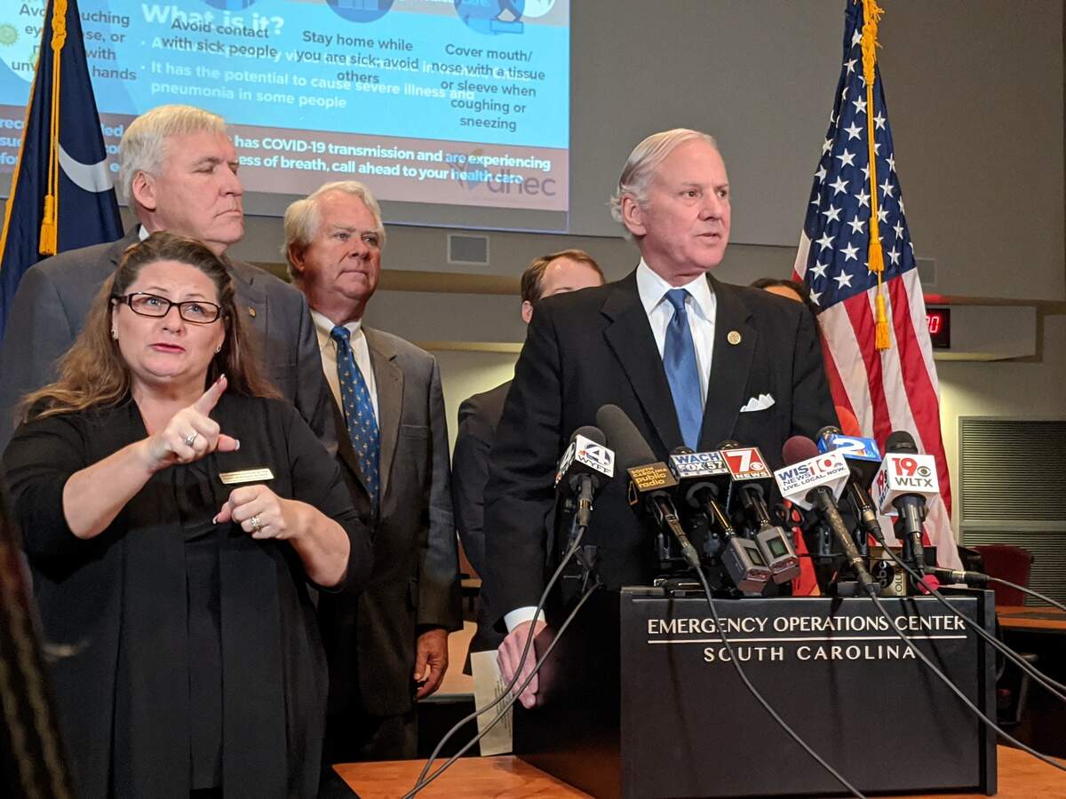 S.C. Gov. Henry McMaster gives an update about the possible coronavirus cases in South Carolina. He was joined at that conference by, from left, a sign-language interpreter, Medical University of South Carolina President David Cole and Department of Health and Environmental Control Director Rick Toomey. Behind McMaster are Ed O’Bryan of MUSC and Linda Bell from DHEC.