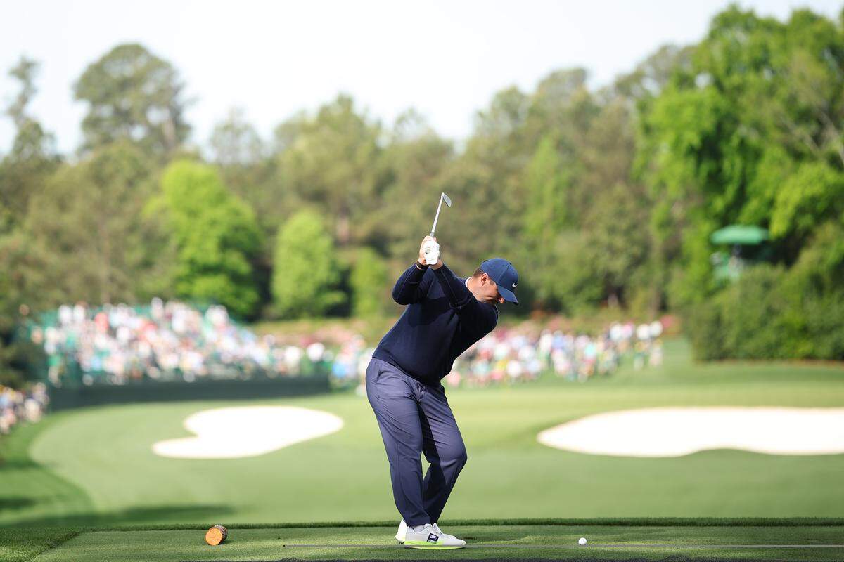 Chris Gotterup of the United States plays a shot from the fourth hole tee box during a practice round prior to the 2026 Masters Tournament at Augusta National Golf Club on Monday.