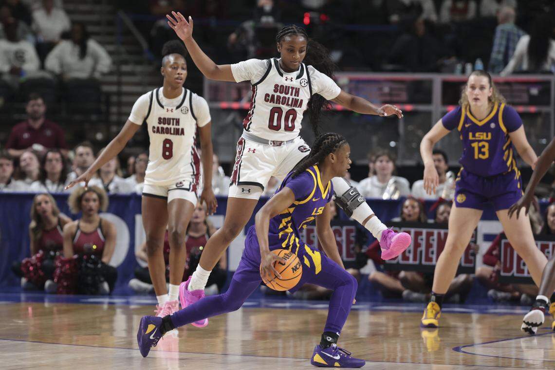South Carolina's Ta'Niya Latson (00) pressures Louisiana State's MiLaysia Fulwiley (23) during the first half of action of their women's basketball game in the SEC Tournament, against LSU at the Bon Secours Wellness Arena on Saturday, March 7, 2026.