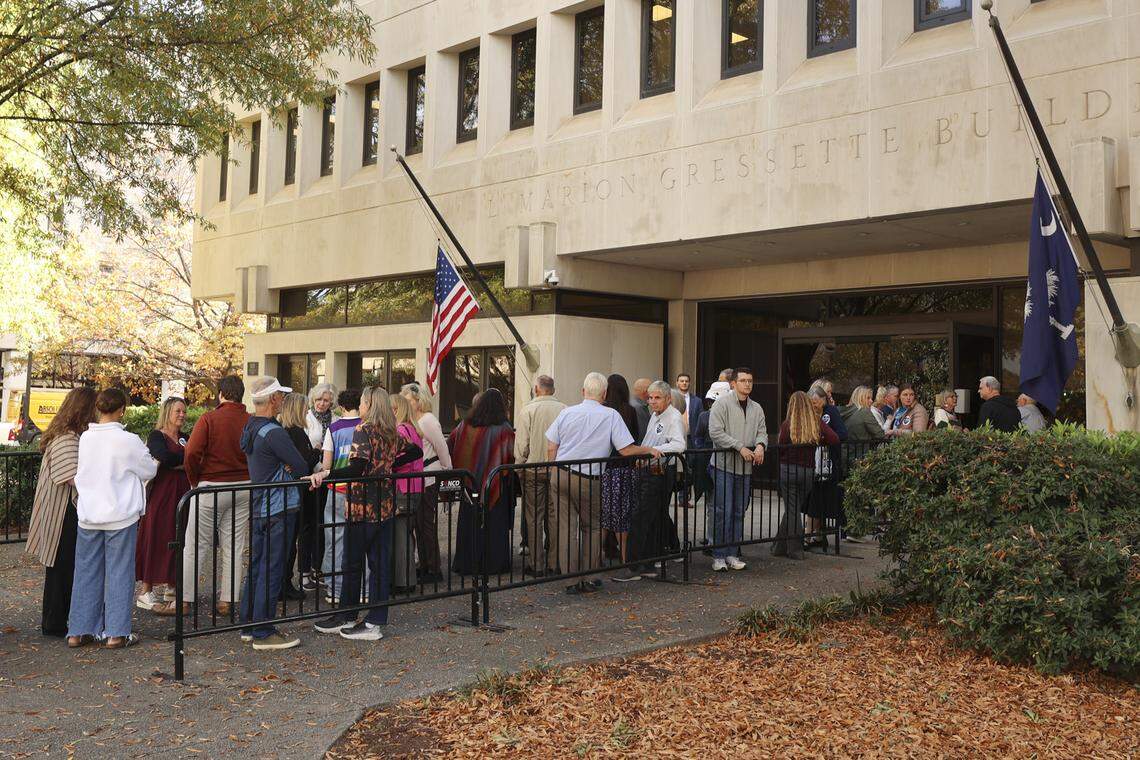 People wait to get inside the Gressette building to hear the senate subcommittee debate a proposed total abortion ban on Tuesday, Nov. 18, 2025.