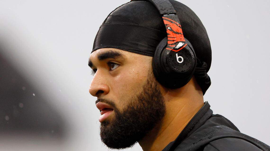 Nov 18, 2023; Corvallis, Oregon, USA; Oregon State Beavers quarterback DJ Uiagalelei (5) warms up before the game against the Washington Huskies at Reser Stadium.