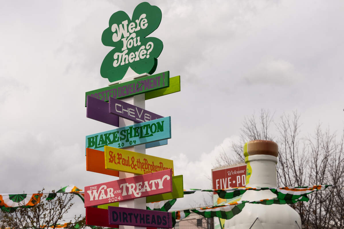 A sign showing previous year’s headliners at the St. Pat’s in Five Points festival in Columbia, South Carolina on Saturday, March 15, 2025.