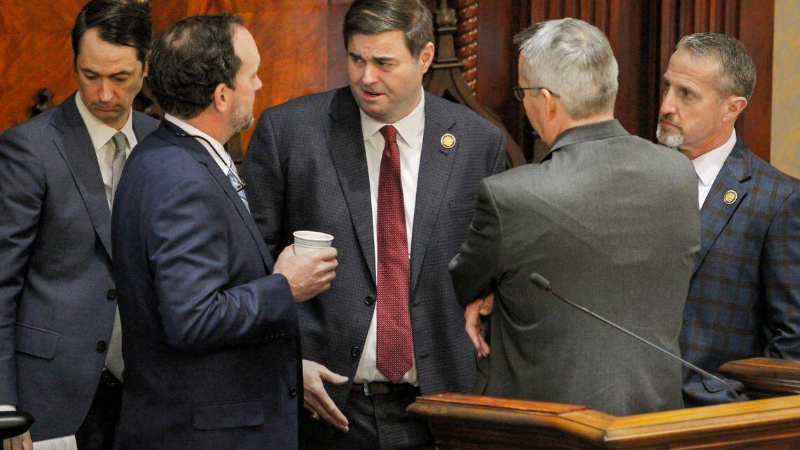 From left, Daniel Boan, Rep. Bruce Bannister, House Speaker Murrell Smith, Rep. Tommy Pope and Rep. Chris Wooten during a House session on Tuesday, March 14, 2023. (Travis Bell/STATEHOUSE CAROLINA)