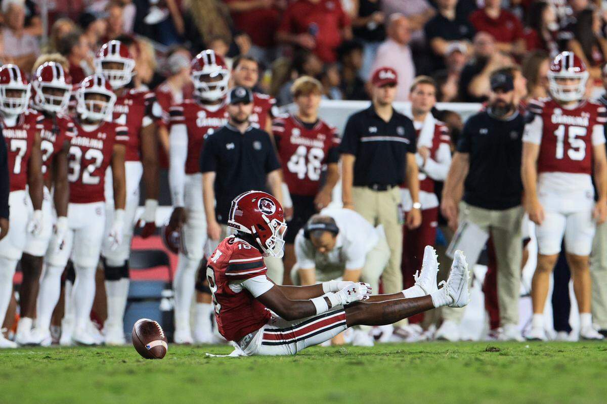 South Carolina wide receiver Brian Rowe Jr. (18) lands on the ground, ball rolling behind him, during the game against Vanderbilt at Wililams-Brice Stadium on Saturday, September 13, 2025.