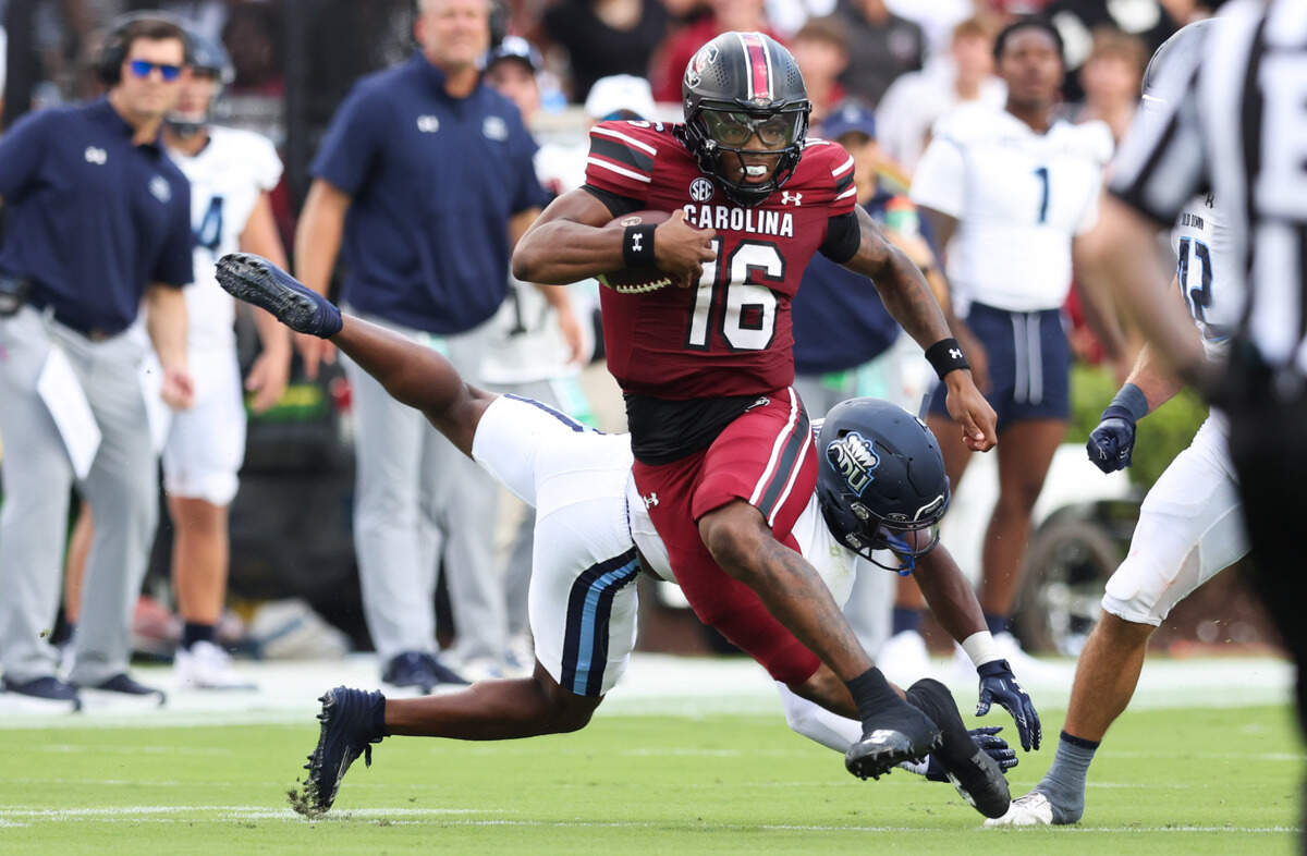 South Carolina quarterback LaNorris Sellers (16) carries the ball during the first half of the Gamecocks’ season opener against Old Dominion in Columbia on Saturday, August 31, 2024.