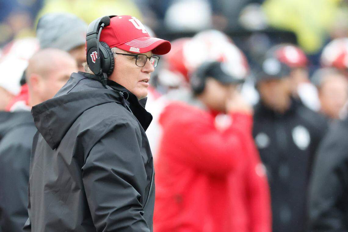 Oct 14, 2023; Ann Arbor, Michigan, USA; Indiana Hoosiers head coach Tom Allen on the sideline in the first half against the Michigan Wolverines at Michigan Stadium. Mandatory Credit: Rick Osentoski-USA TODAY Sports