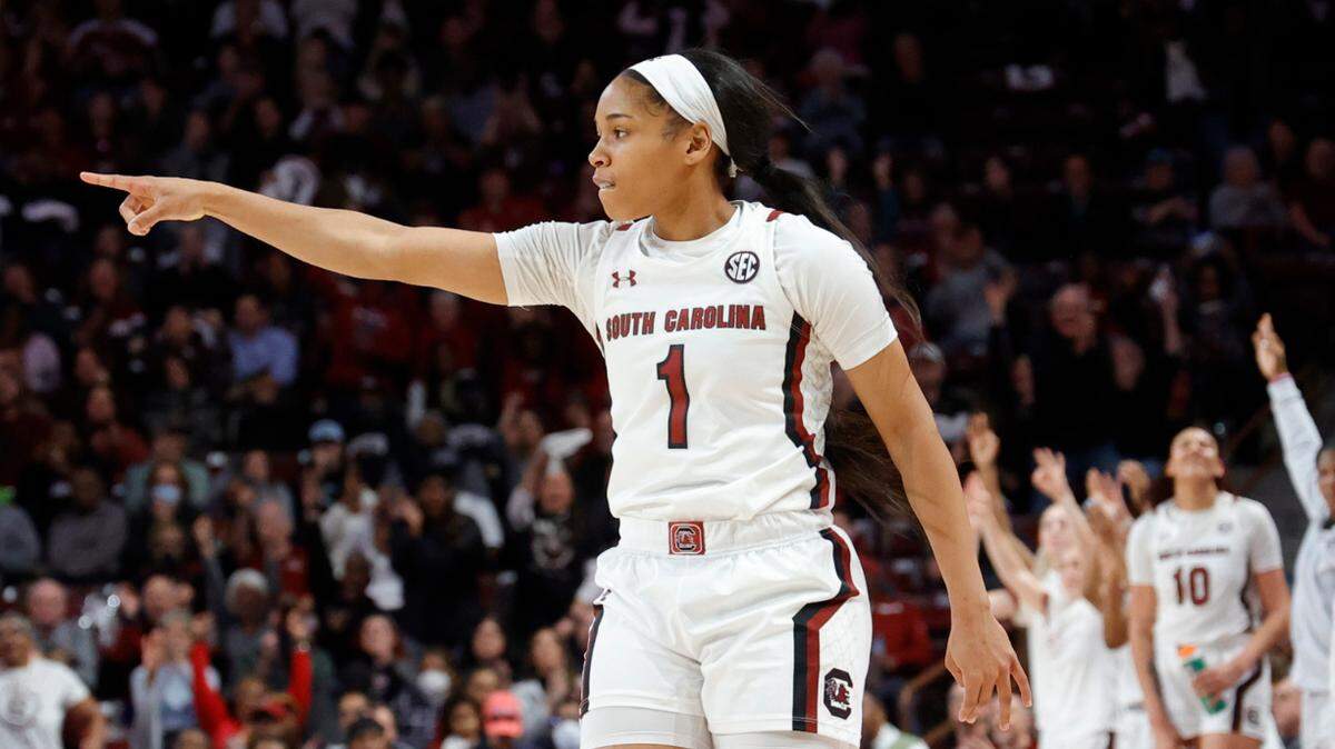 South Carolina’s Zia Cooke (1) and the Gamecocks celebrate a 3-pointer during the first half of action against Missouri in the Colonial Life Arena on Sunday, Dec. 15, 2023.