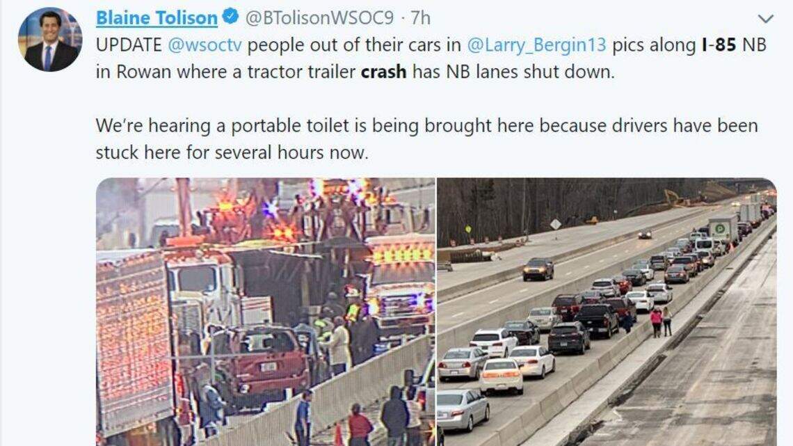 Highway delay was so long, porta-potties were taken to stranded drivers, NC reports say