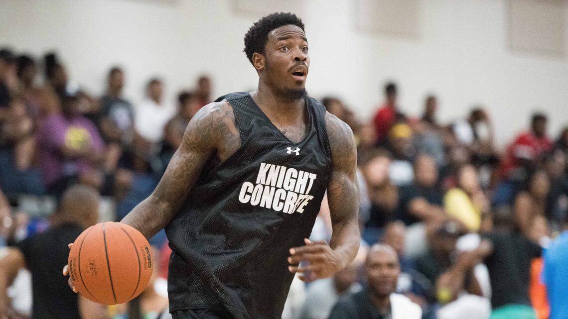 Tre Campbell dribbles he ball during the seventh annual South Carolina Pro-Am basketball tournament at Heathwood High School on July 22, 2018, in Columbia, S.C.