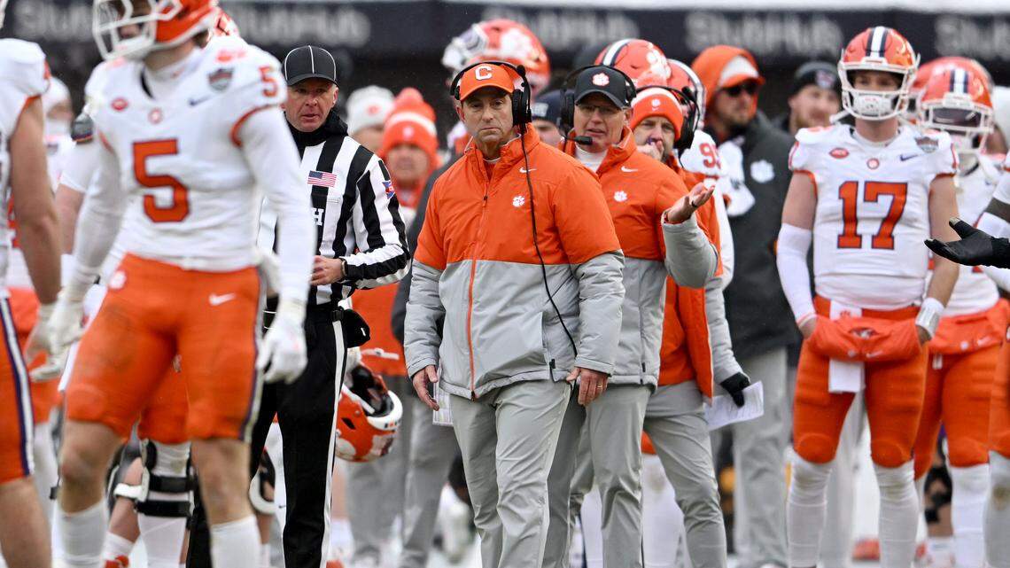 Clemson football coach Dabo Swinney reacts to a call during the Pinstripe Bowl against Penn State at Yankee Stadium on Saturday, Dec. 27, 2025.