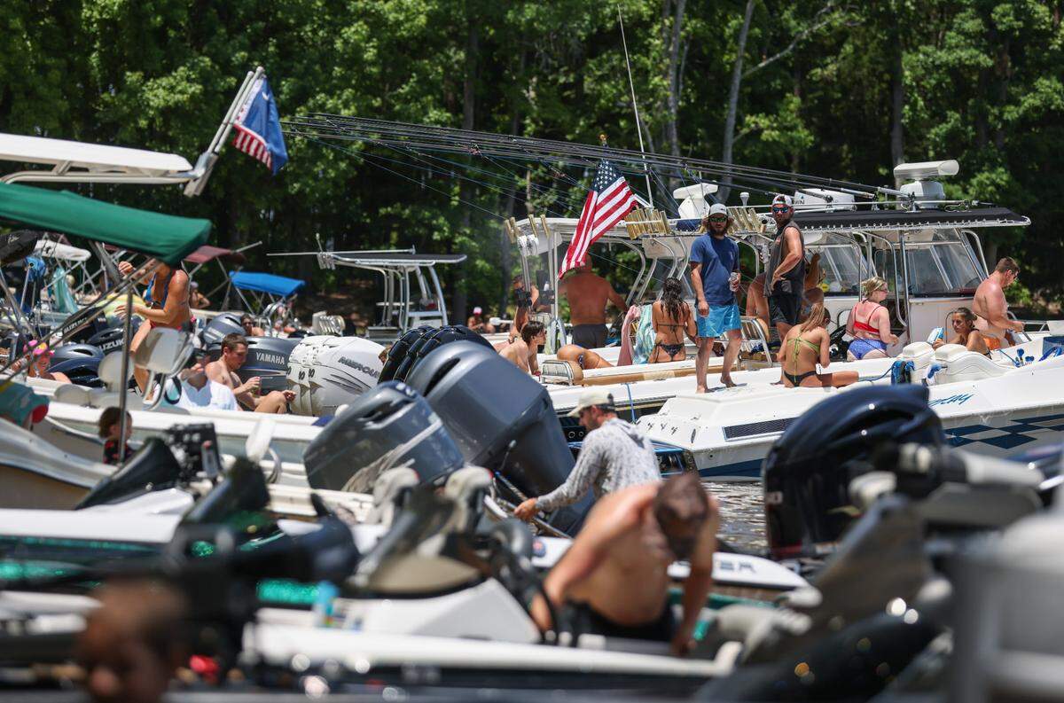 Boats pack in to the water along Sandy Beach on Bundrick Island on Lake Murray on Memorial Day in Lexington on Monday, May 27, 2024.