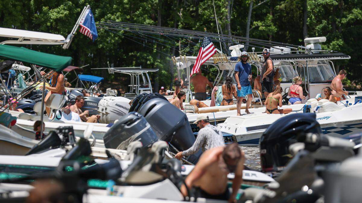 Boats pack in to the water along Sandy Beach on Bundrick Island on Lake Murray on Memorial Day in Lexington on Monday, May 27, 2024.