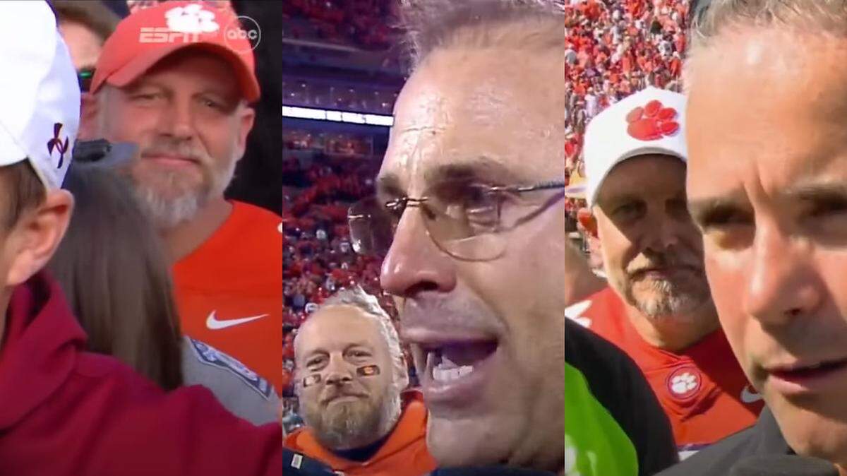 Tim Cowan, a longtime Clemson football fan, has somehow appeared in the background of on-field postgame TV interviews after the Tigers’ last three home losses at Memorial Stadium across seven years. From left: Cowan crashing the interviews of South Carolina coach Shane Beamer in 2022, Pittsburgh coach Pat Narduzzi in 2016 and Florida State coach Mike Norvell last Saturday.
