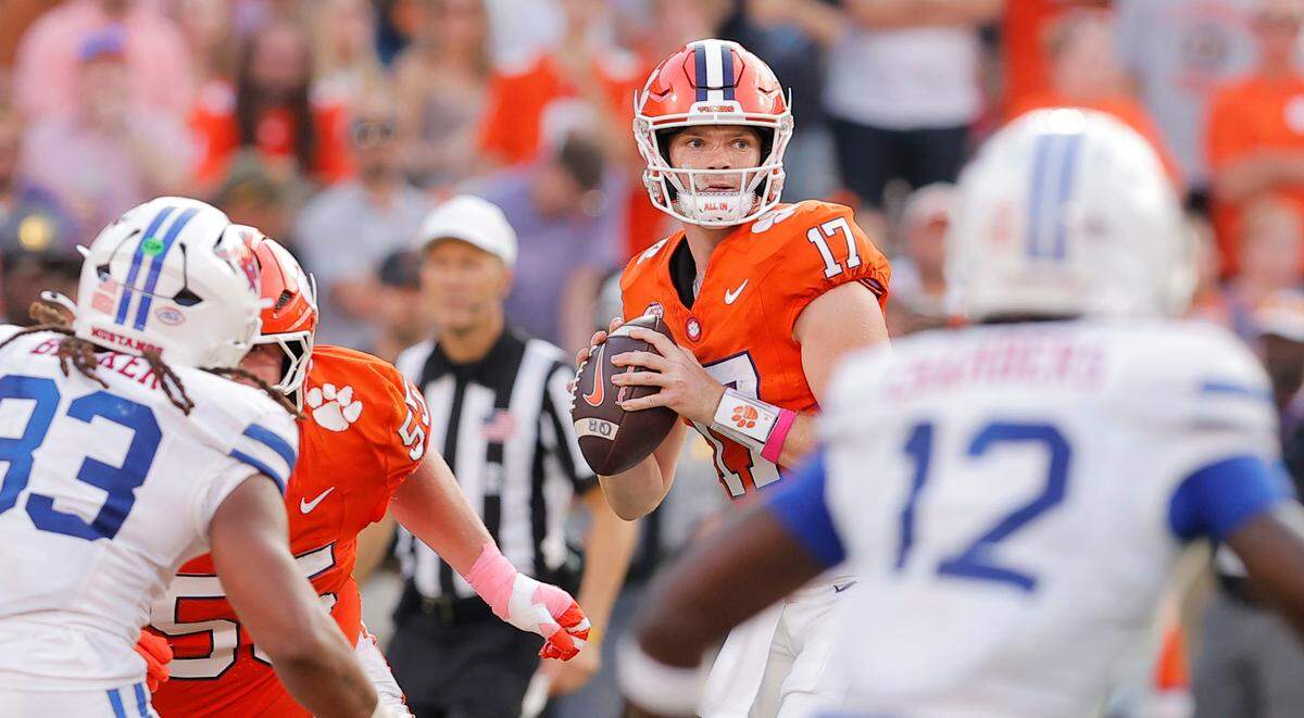 Clemson quarterback Christopher Vizzina (17) is seen against SMU during second-half action in Clemson, S.C on Saturday, Oct. 18, 2025.