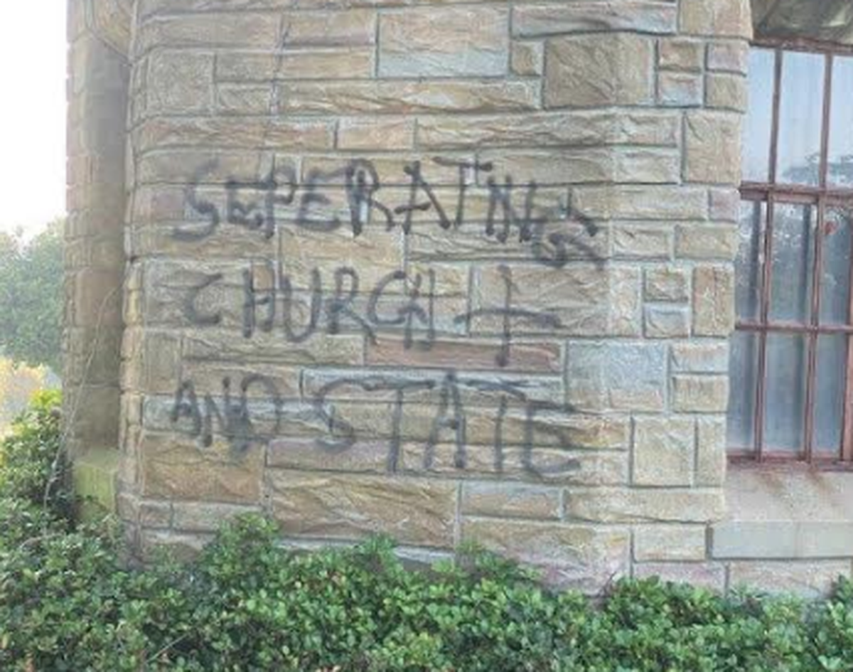 Someone spray painted the side of the chime tower at Forest Lawn Memorial Park over the July 4 holiday weekend.