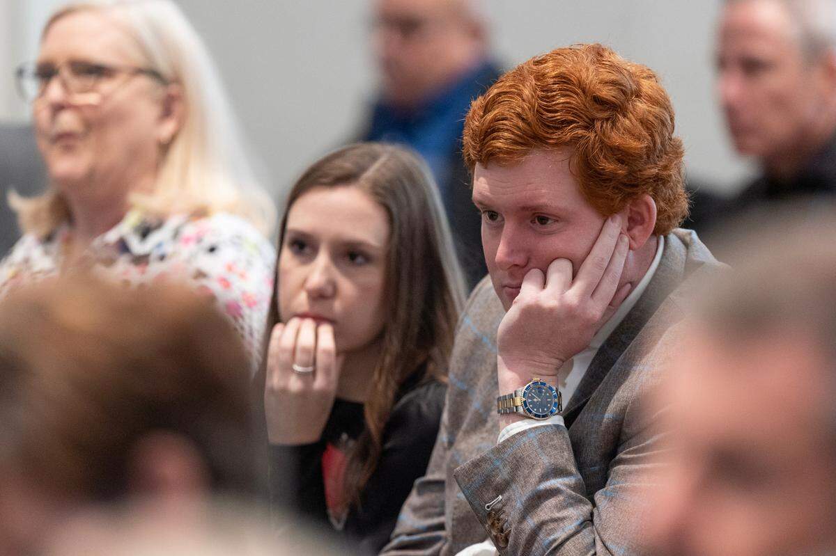 Buster Murdaugh, the son of Alex Murdaugh, listens to prosecutor John Meadors give his closing arguments in Alex Murdaugh’s trial for murder at the Colleton County Courthouse on Thursday, March 2, 2023. Joshua Boucher/The State/Pool