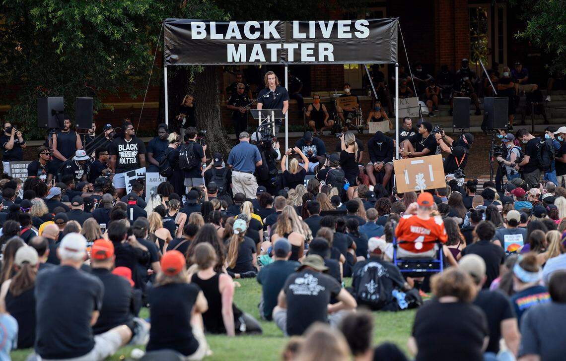 Clemson quarterback Trevor Lawrence speaks to an estimated crowd of 3000 during the Clemson Community Peaceful Demonstration on the campus of Clemson University Saturday, June 13, 2020.