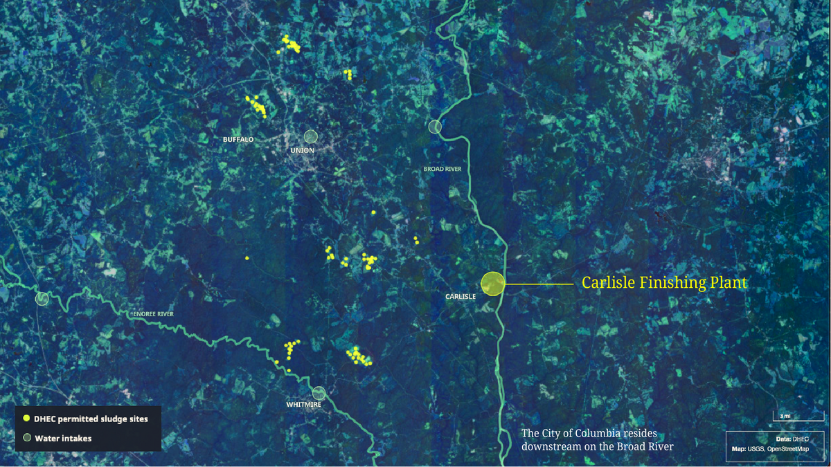 Carlisle Finishing is a closed textile plant along the Broad River more than 60 miles north of a major Columbia drinking water source. Forever chemical pollution has been found on the property. The company also distributed sewer sludge to farmers for use as fertilizer.
