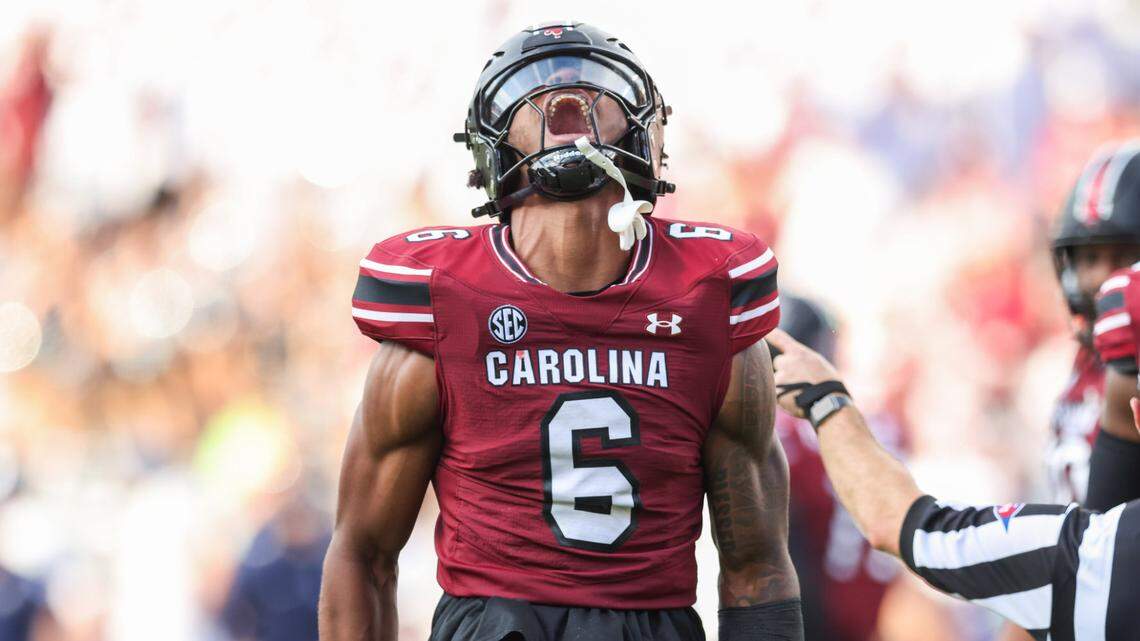 South Carolina edge Dylan Stewart (6) celebrates a sack during the first half of the Gamecocks’ season opener against Old Dominion in Columbia on Saturday, August 31, 2024.