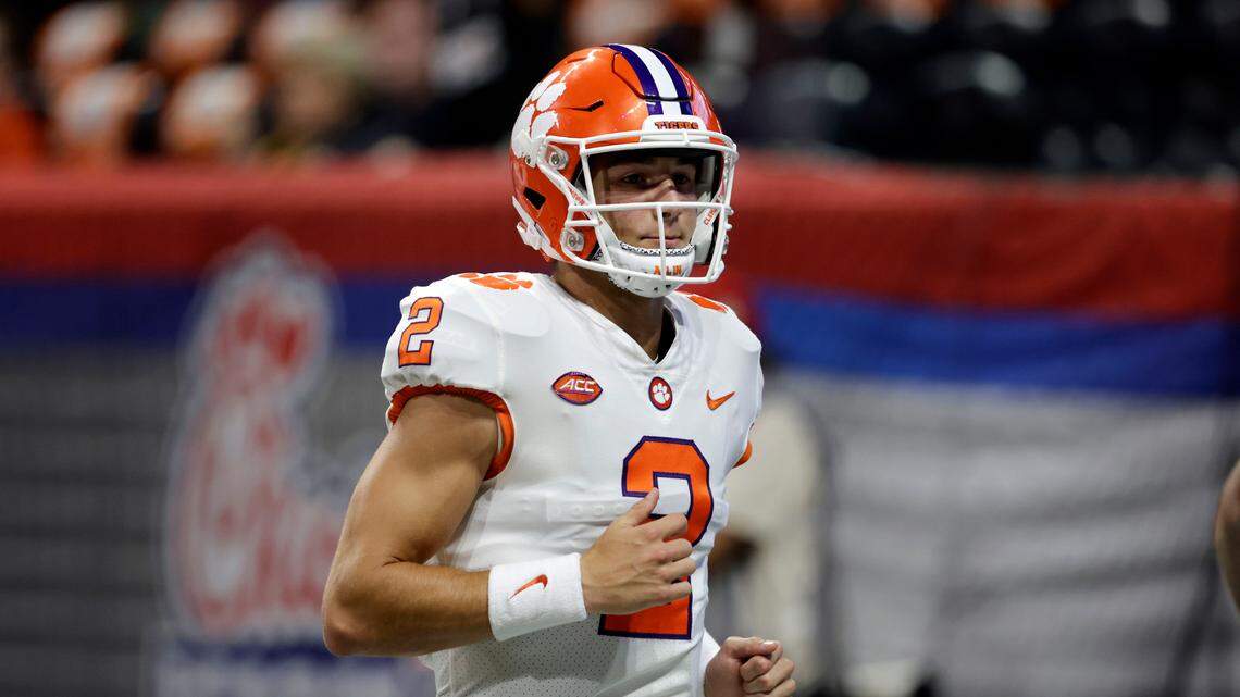 Clemson’s Cade Klubnik (2) warms up prior to an NCAA football game against Georgia Tech on Monday, Sept. 5, 2022, in Atlanta. (AP Photo/Stew Milne)