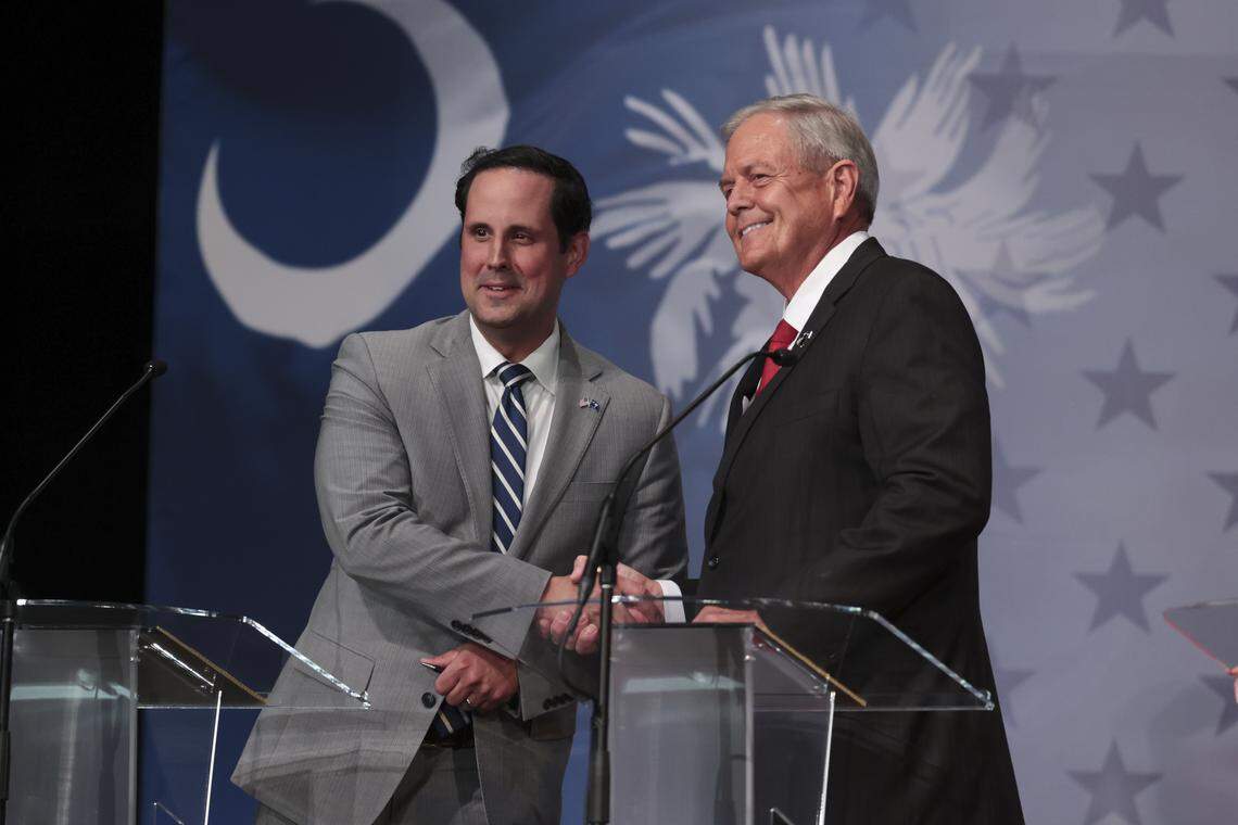 GOP candidates for South Carolina Governor State Sen. Josh Kimbrell greets Congressman Ralph Norman before for their televised debate at the Sottile Theater in Charleston on Tuesday, April 21, 2026.