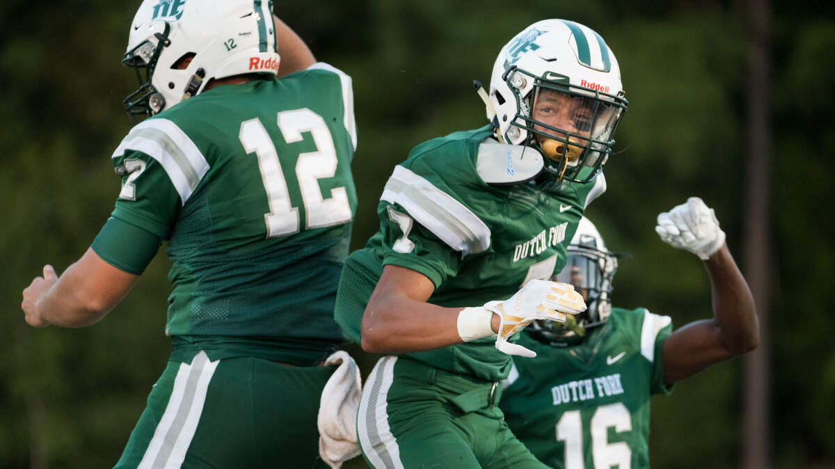 Dutch Fork receiver Jaylin Hyatt (7) celebrates a touchdown reception with G. Underwood (12) during the first quarter against Spring Valley at Dutch Fork High School on Aug. 24, 2018, in Irmo, S.C.