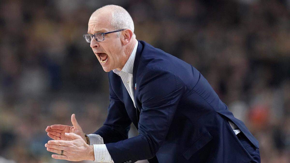 Connecticut Huskies head coach Dan Hurley yells down court during the NCAA Men’s Basketball Tournament Championship against the Purdue Boilermakers, Monday, April 8, 2024, at State Farm Stadium in Glendale, Ariz.